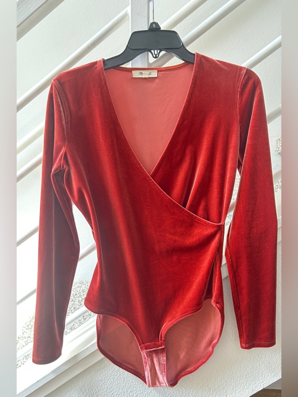 Madewell Velvet Faux Wrap Bodysuit in Burnished Rust Size M